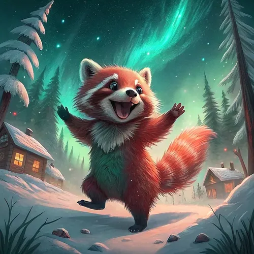 Village Of Cute Raccoons On Abstract #16