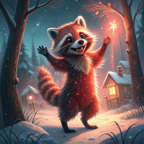 Village Of Cute Raccoons On Abstract #214