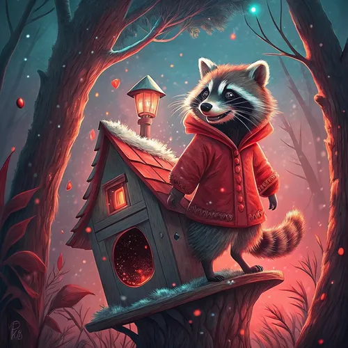Village Of Cute Raccoons On Abstract #80