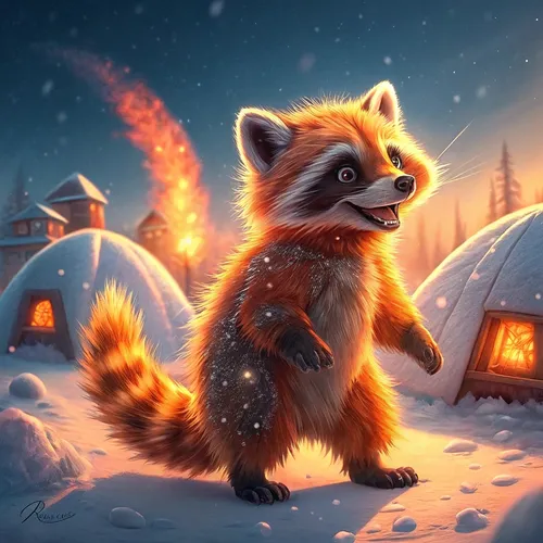 Village Of Cute Raccoons On Abstract #305