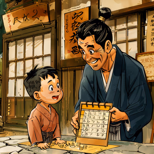 Japanese man shows a child a calendar with the numbers 1,2,3,4