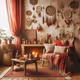 boho interior design with red accents