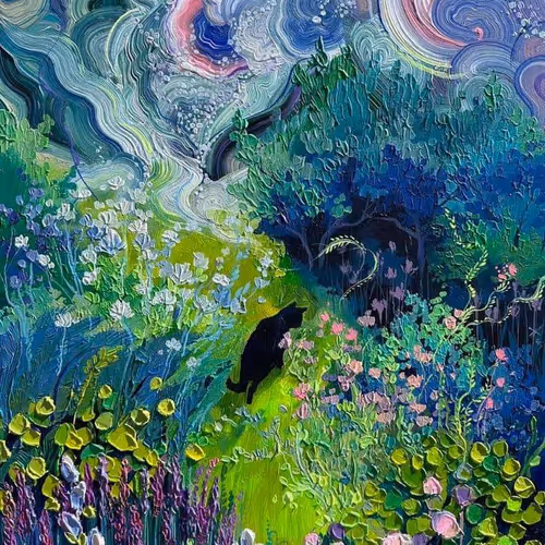 picture of a cat and a flower field