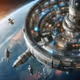 futuristic space station orbiting a distant planet with astronauts working outside