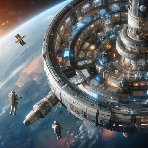 futuristic space station orbiting a distant planet with astronauts working outside