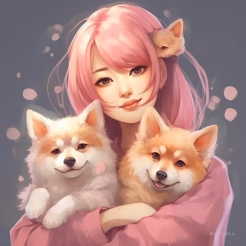 Anime Girl with Her Dogs
