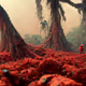 an astronaut exploring a red jungle