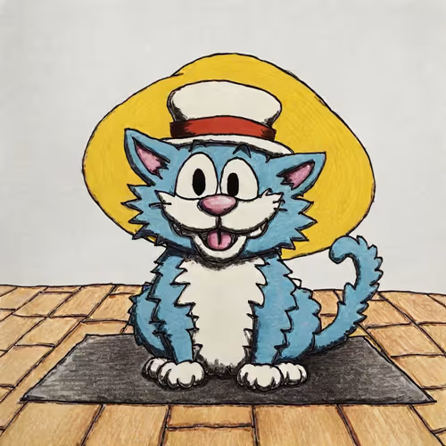 A cat in a hat on a mat