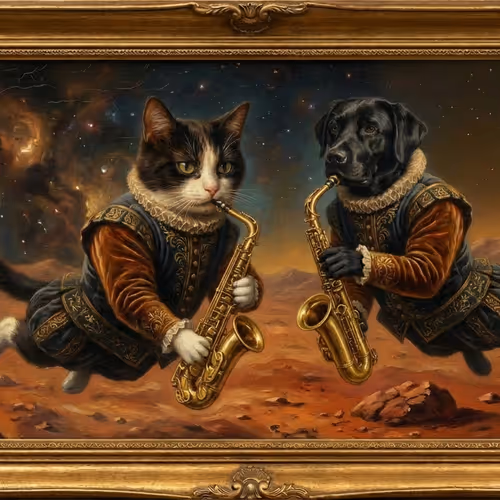 put the cat and dog in the same shot on mars and change their trumpets to saxaphones