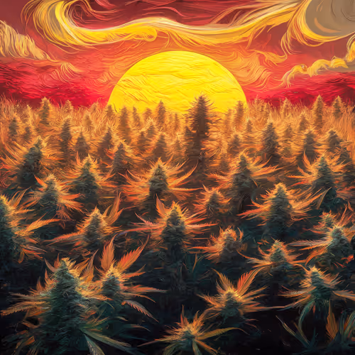 Depicting vast fields of cannabis plants swaying in the wind
