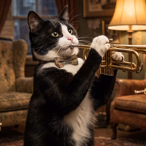 tuxedo cat playing the trumpet