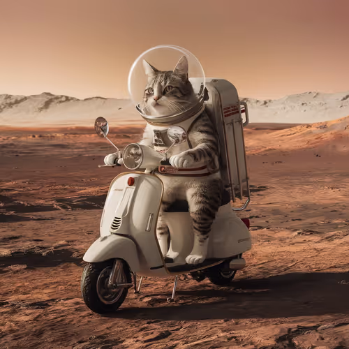cat with a scooter on mars
