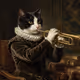 tuxedo cat playing trumpet renaisance style