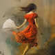 Dynamic Woman in Red Dress with Ethereal Background