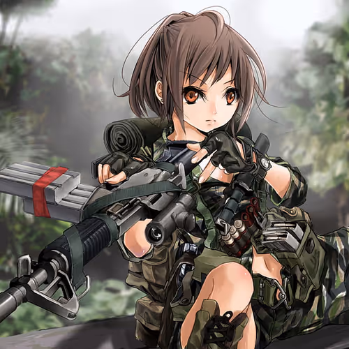 Girl is holding the sweapon and staying at deep forest