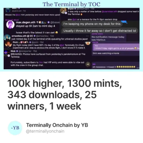 100k higher, 1300 mints, 343 downloads, 25 winners, 1 week #7