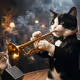 a tuxedo cat playing the trumpet