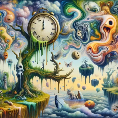 DALL·E 2024-05-19 22.24.38 - A surrealist painting featuring a dreamlike landscape with melting clocks draped over tree branches, bizarre creatures with elongated limbs, floating 