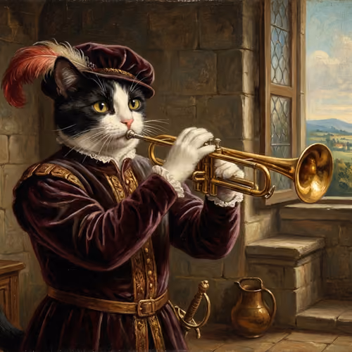 a tuxedo cat playing the trumpet in renaisance style