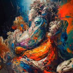 This abstract artwork features vibrant colors, human-like figures, and dynamic energy flows resembling fire or wind, blending human and natural elements with bold, emotional brushstrokes. A fitting title could be "Symphony of Souls" or "Harmony of Energy."