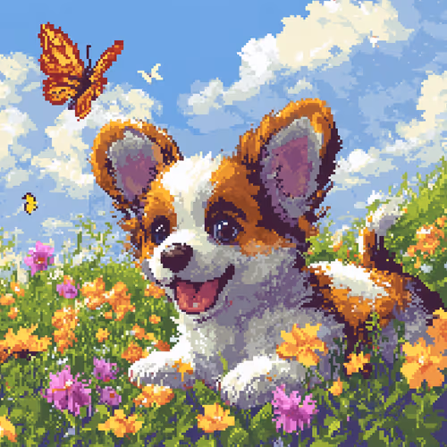 🐶Pixel dog chasing a butterfly in a field of flowers🐶
