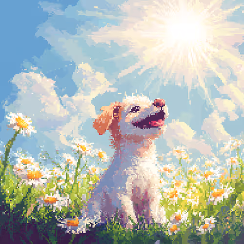 🐶Pixel dog sitting in a sunny field of flowers🐶