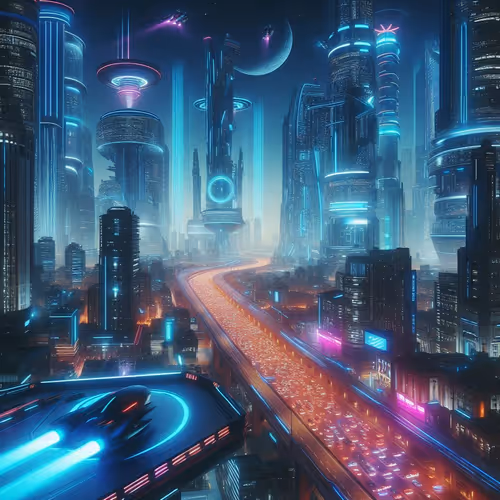 Futuristic Cityscape At Night With Neon Lights And