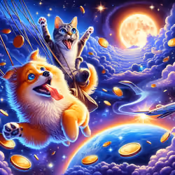 euphoric upside down dog and cat going to space with coins 2