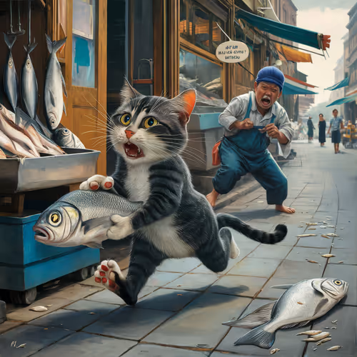A cat has just stolen a fish in a fishmonger's shop