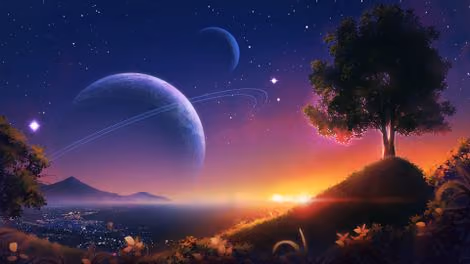 A fantastic space landscape with a tree, a planet and stars on a sunset background.