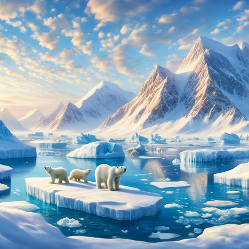 Arctic landscape with polar bears frolicking on icebergs