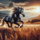 dynamic scene of a horse galloping through an open field