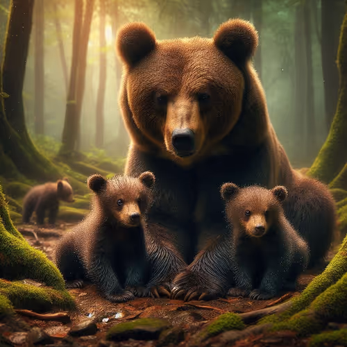 heartwarming image of a mother bear and her cubs in a forest