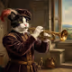 a tuxedo cat playing the trumpet in renaisance style