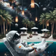 An astronaut lounging in a tropical resort in space