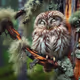 A sleepy owl perched in a tree