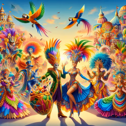 vibrant carnival scene with colorful costumes and lively performers