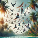 flock of tropical birds in flight against a backdrop of palm trees