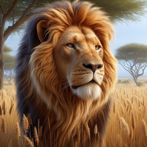 realistic portrait of a majestic lion in the savannah