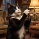 tuxedo cat playing the trumpet