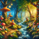 whimsical fantasy forest with colorful mushrooms, talking animals, and a sparkling stream