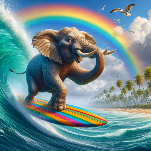 elephant riding a surfboard on a big wave