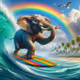elephant riding a surfboard on a big wave