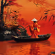 Person in Bright Orange Kimono on Black Boat