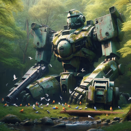 A robot decaying in a spring in the forest
