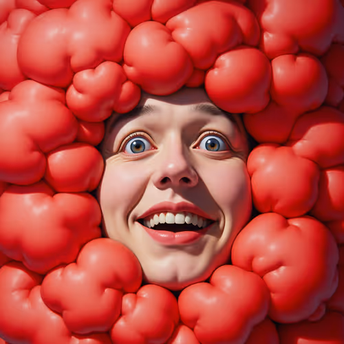 A portrait of a smiling man with red clouds.