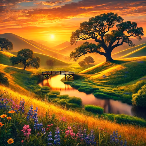 a golden sunset over rolling green hills
