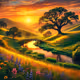 a golden sunset over rolling green hills