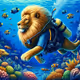 lion exploring the bottom of the ocean