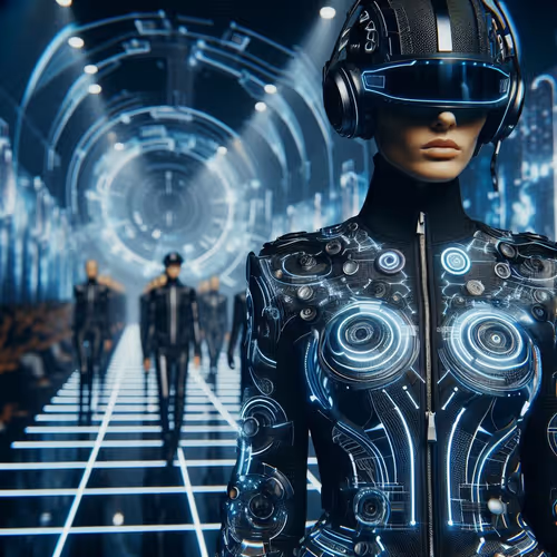 futuristic fashion show featuring innovative, tech-infused clothing.